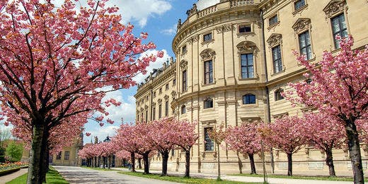 Der Hofgarten und die Residenz laden zum Verweilen (im Biergarten) ein und sind der jährliche Veranstaltungsort von Weinfesten und des Mozartfests. Foto: Universität Würzburg.